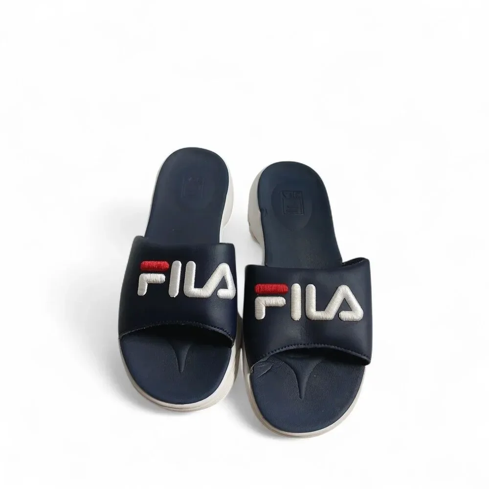 Fila Slide Sandals Navy Blue White Red Logo Comfort Casual Unisex size10